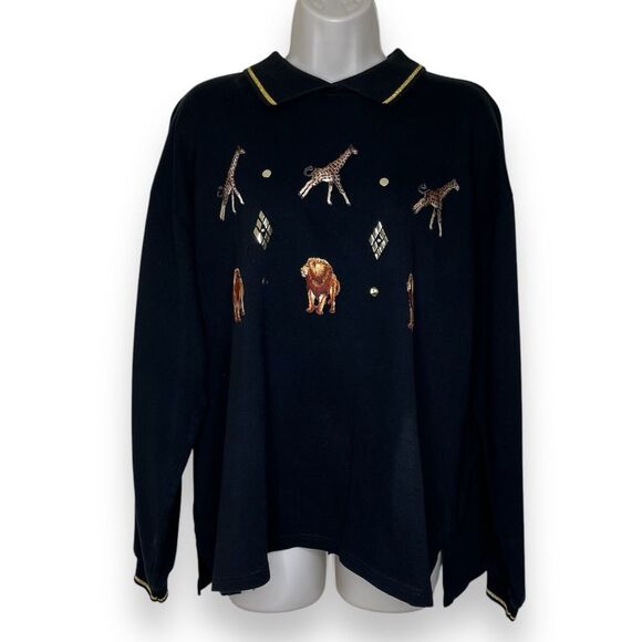 Vintage Tia Designs Giraffe Lion Embellished Black French Terry Top Women XL - Picture 1 of 11